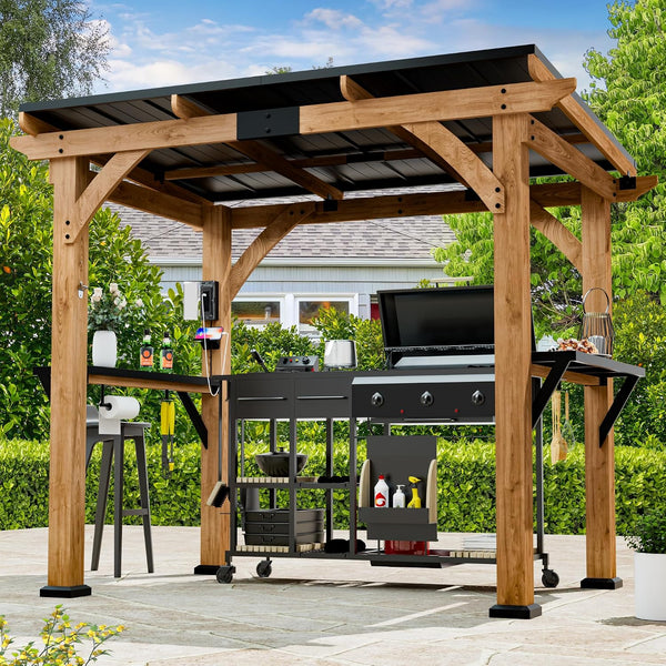 Outdoor Grill Gazebo Built for Year-Round Use, 6x8 Cedar Frame, Steel Roof, USB Power Outlets