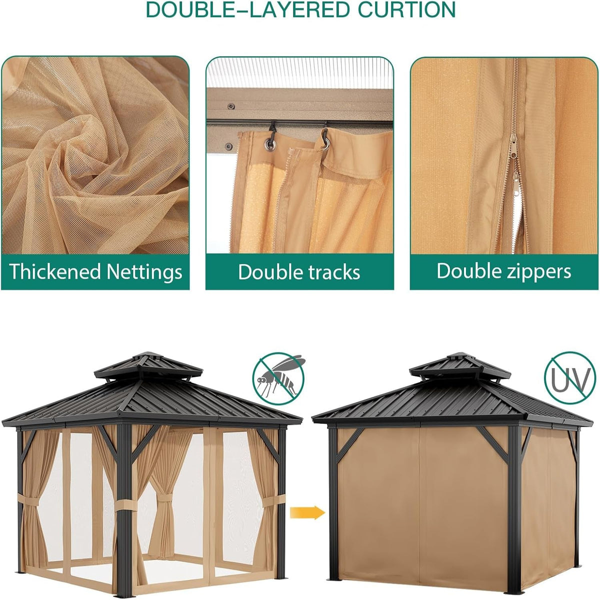 10X10 Ft Double Roof Hardtop Gazebo, Heavy Duty Galvanised Steel Hardtop Pavilion with Nettings and Curtains, Metal Roof Gazebo for Patio, Terrace, Lawn and Deck, Brown