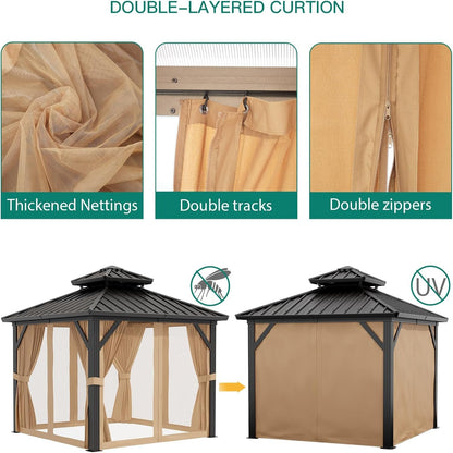 10X10 Ft Double Roof Hardtop Gazebo, Heavy Duty Galvanised Steel Hardtop Pavilion with Nettings and Curtains, Metal Roof Gazebo for Patio, Terrace, Lawn and Deck, Brown