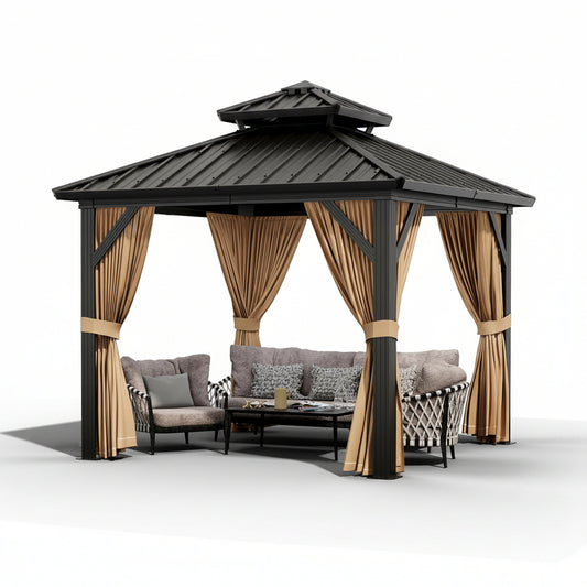 10X10 Ft Double Roof Hardtop Gazebo, Heavy Duty Galvanised Steel Hardtop Pavilion with Nettings and Curtains, Metal Roof Gazebo for Patio, Terrace, Lawn and Deck, Brown