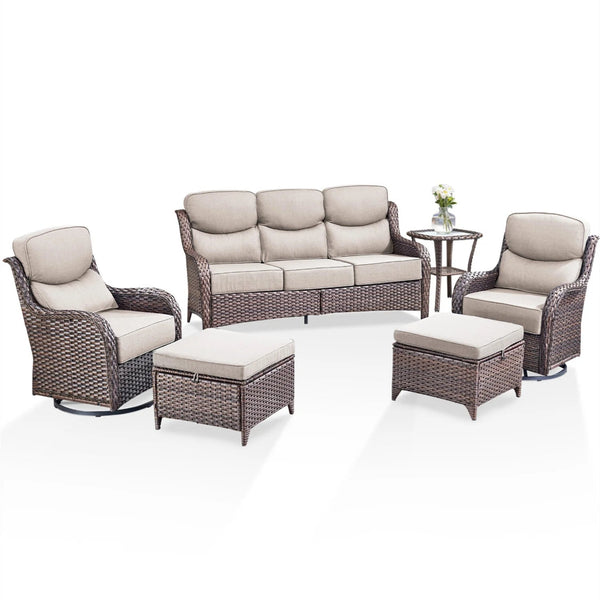 6 Pieces Outdoor Patio Furniture Set with Swivel Rocker Chairs and 6" Thick Cushions,Wicker Conversation Set with Sectional Sofa Coffee Table for Porch Deck Backyard Poolside