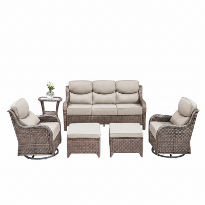 6 Pieces Outdoor Patio Furniture Set with Swivel Rocker Chairs and 6" Thick Cushions,Wicker Conversation Set with Sectional Sofa Coffee Table for Porch Deck Backyard Poolside