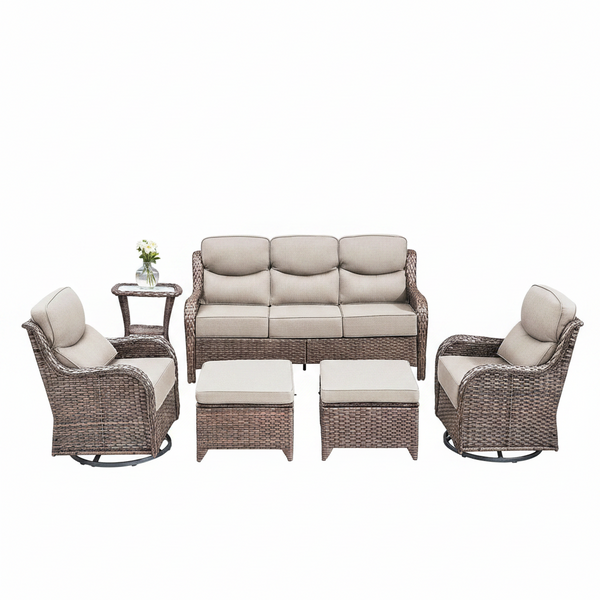 6 Pieces Outdoor Patio Furniture Set with Swivel Rocker Chairs and 6" Thick Cushions,Wicker Conversation Set with Sectional Sofa Coffee Table for Porch Deck Backyard Poolside