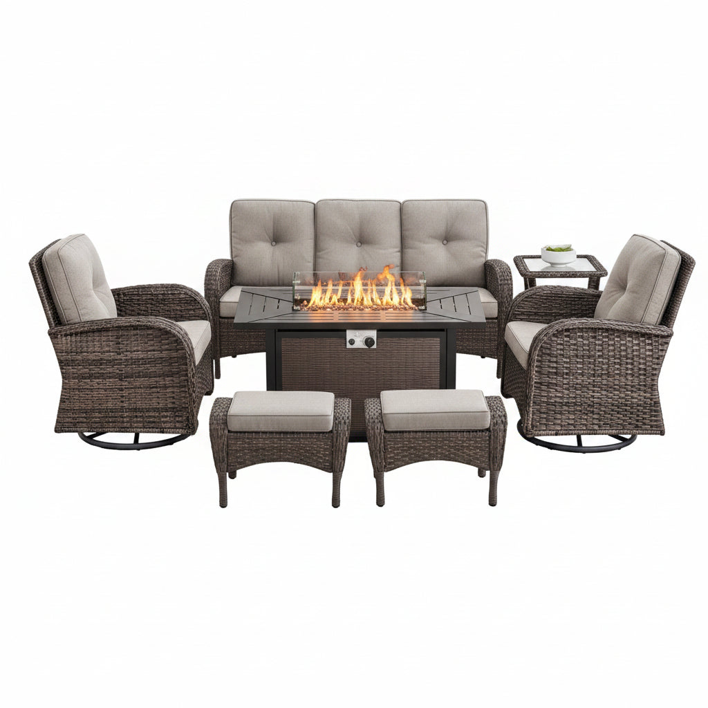 Patio Furniture Set Built for Year-Round Comfort, Fire Pit Table, Swivel Chairs, Weather-Resistant Wicker