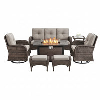 Patio Furniture Set Built for Year-Round Comfort, Fire Pit Table, Swivel Chairs, Weather-Resistant Wicker