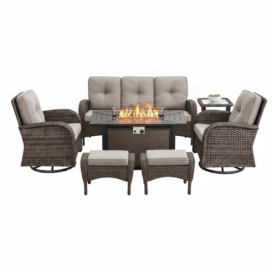 Patio Furniture Set Built for Year-Round Comfort, Fire Pit Table, Swivel Chairs, Weather-Resistant Wicker
