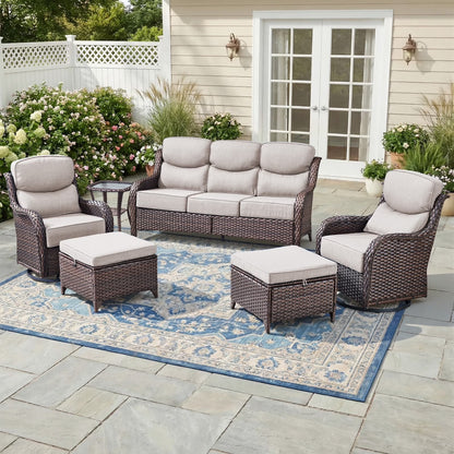 6 Pieces Outdoor Patio Furniture Set with Swivel Rocker Chairs and 6" Thick Cushions,Wicker Conversation Set with Sectional Sofa Coffee Table for Porch Deck Backyard Poolside