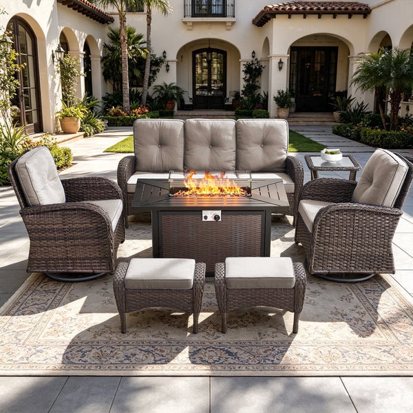 Patio Furniture Set Built for Year-Round Comfort, Fire Pit Table, Swivel Chairs, Weather-Resistant Wicker