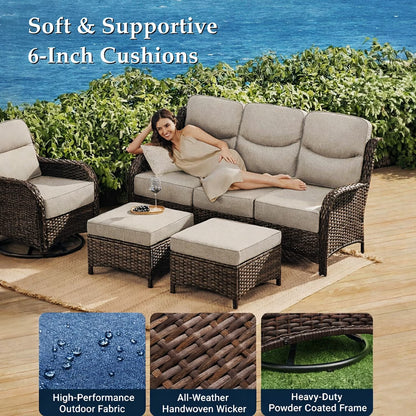 6 Pieces Outdoor Patio Furniture Set with Swivel Rocker Chairs and 6" Thick Cushions,Wicker Conversation Set with Sectional Sofa Coffee Table for Porch Deck Backyard Poolside