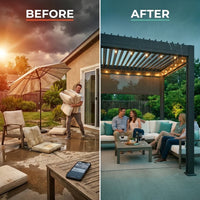 Outdoor Pergola Designed for Year-Round Use, 11x13 Ft Adjustable Louvered Roof, Aluminum Frame, Drainage System — Before & After