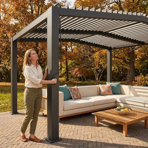 Outdoor Pergola Designed for Year-Round Use, 11x13 Ft Adjustable Louvered Roof, Aluminum Frame, Drainage System